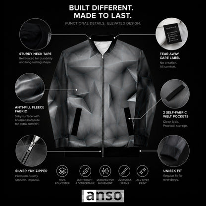 Blue grid 'anso' all-over print bomber jacket with feature highlights and 'anso' branding on a black background