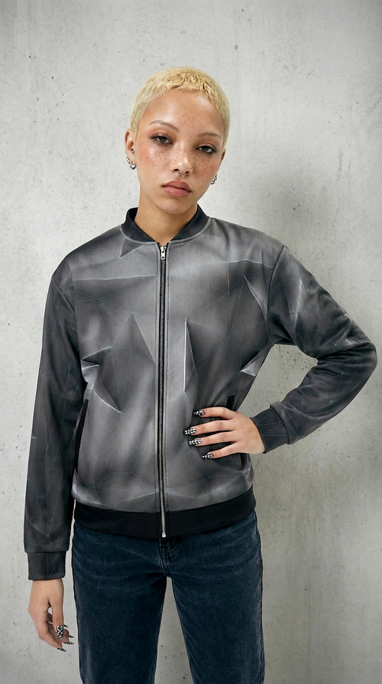 Woman wearingBlue grid 'anso' all-over print bomber jacket on a white background