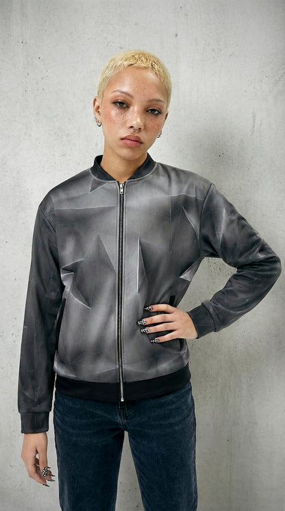 Woman wearingBlue grid 'anso' all-over print bomber jacket on a white background