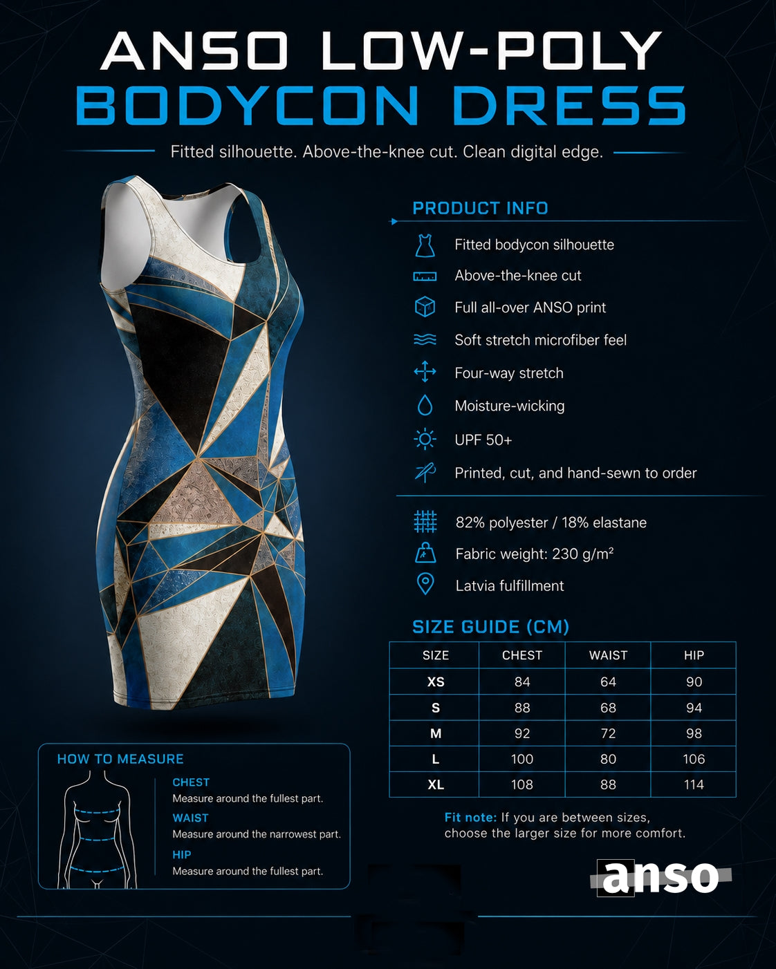 ANSO Low-Poly Bodycon Dress size guide poster showing a blue geometric bodycon dress, product info, size chart, and ANSO logo on a dark low-poly graphic background.