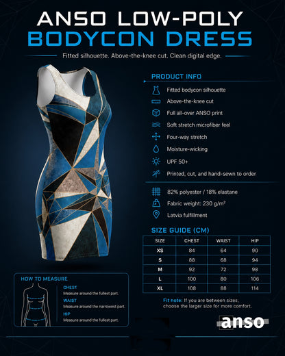 ANSO Low-Poly Bodycon Dress size guide poster showing a blue geometric bodycon dress, product info, size chart, and ANSO logo on a dark low-poly graphic background.