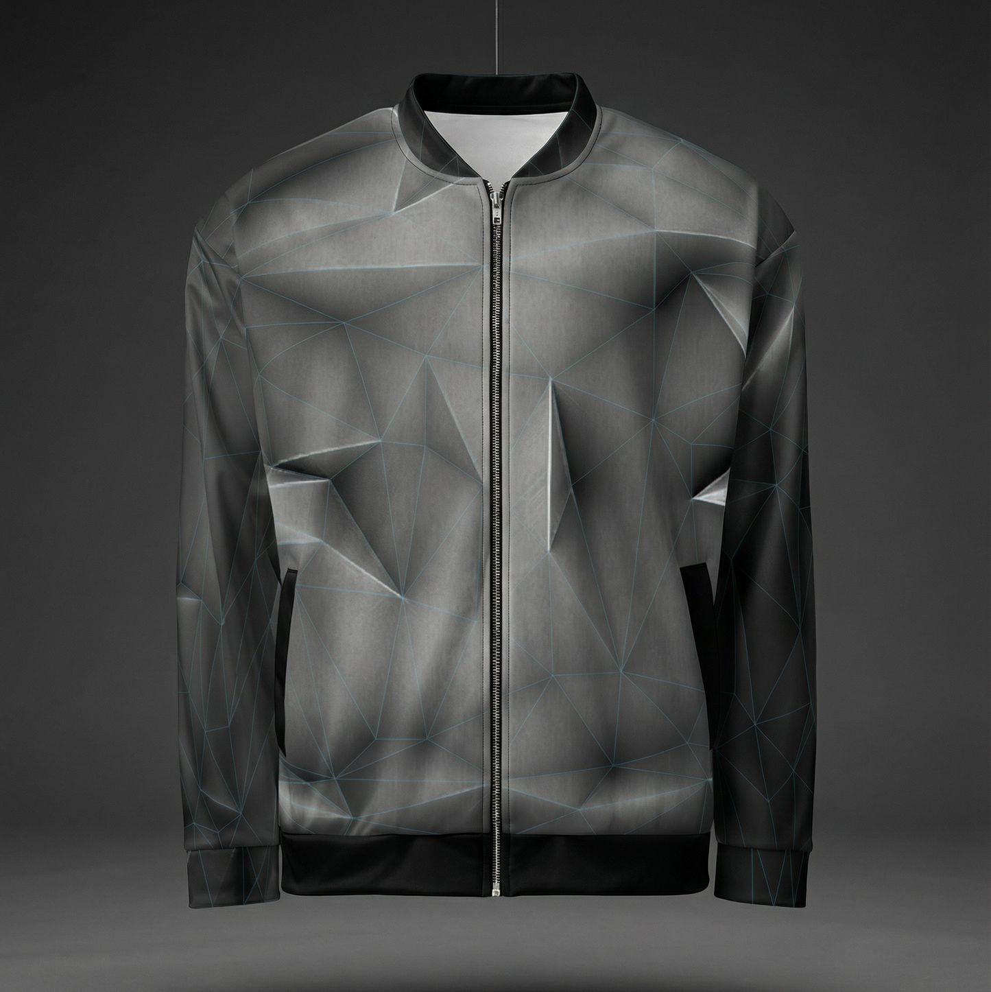 Blue grid 'anso' all-over print bomber jacket shown front and back with electric blue low-poly grid lines mapping the surface across a dark geometric base.
