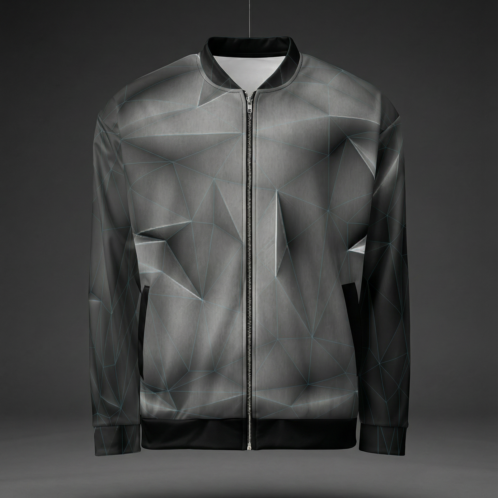 Blue grid 'anso' all-over print bomber jacket shown front and back with electric blue low-poly grid lines mapping the surface across a dark geometric base.
