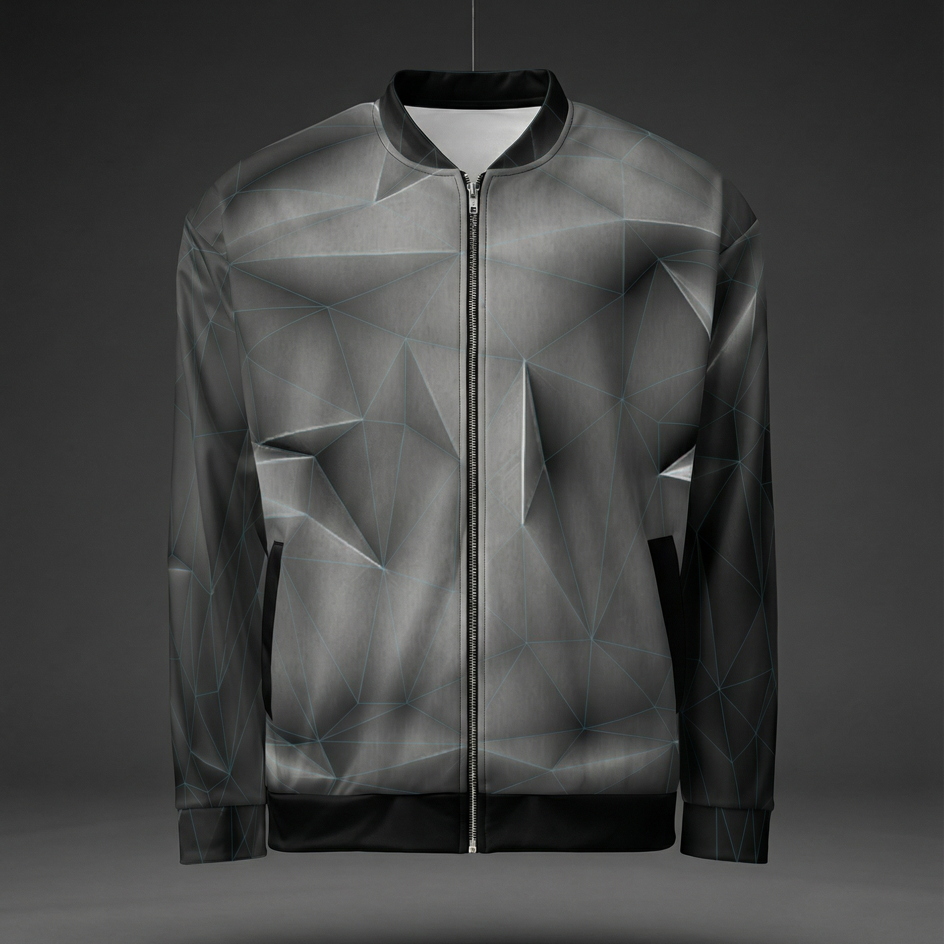 Blue grid 'anso' all-over print bomber jacket shown front and back with electric blue low-poly grid lines mapping the surface across a dark geometric base.