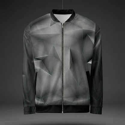 Blue grid 'anso' all-over print bomber jacket shown front and back with electric blue low-poly grid lines mapping the surface across a dark geometric base.