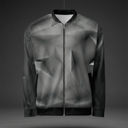 Blue grid 'anso' all-over print bomber jacket shown front and back with electric blue low-poly grid lines mapping the surface across a dark geometric base.