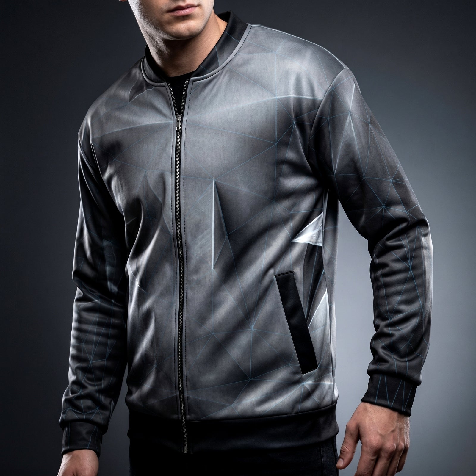 Person wearing a reflective jacket with geometric patterns on a dark background