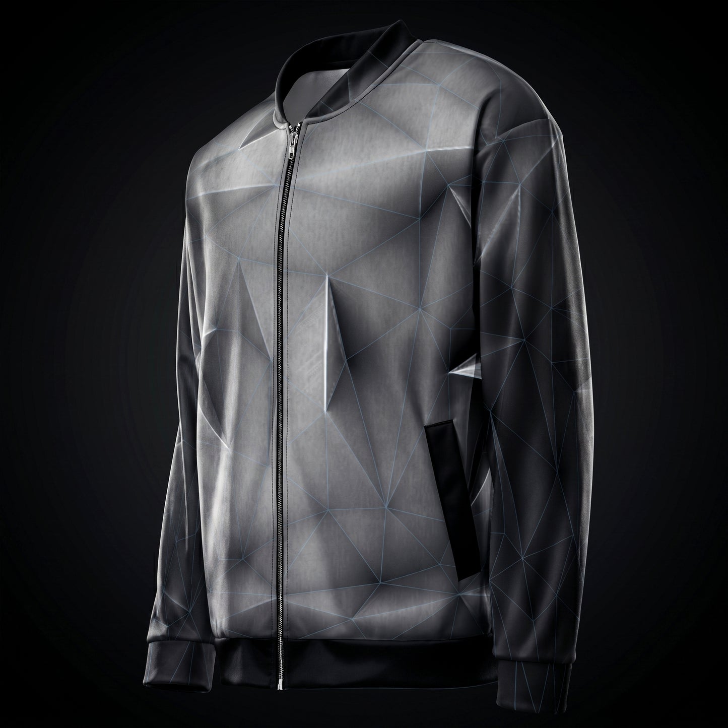 Blue grid 'anso' all-over print bomber jacket with geometric pattern on a black background