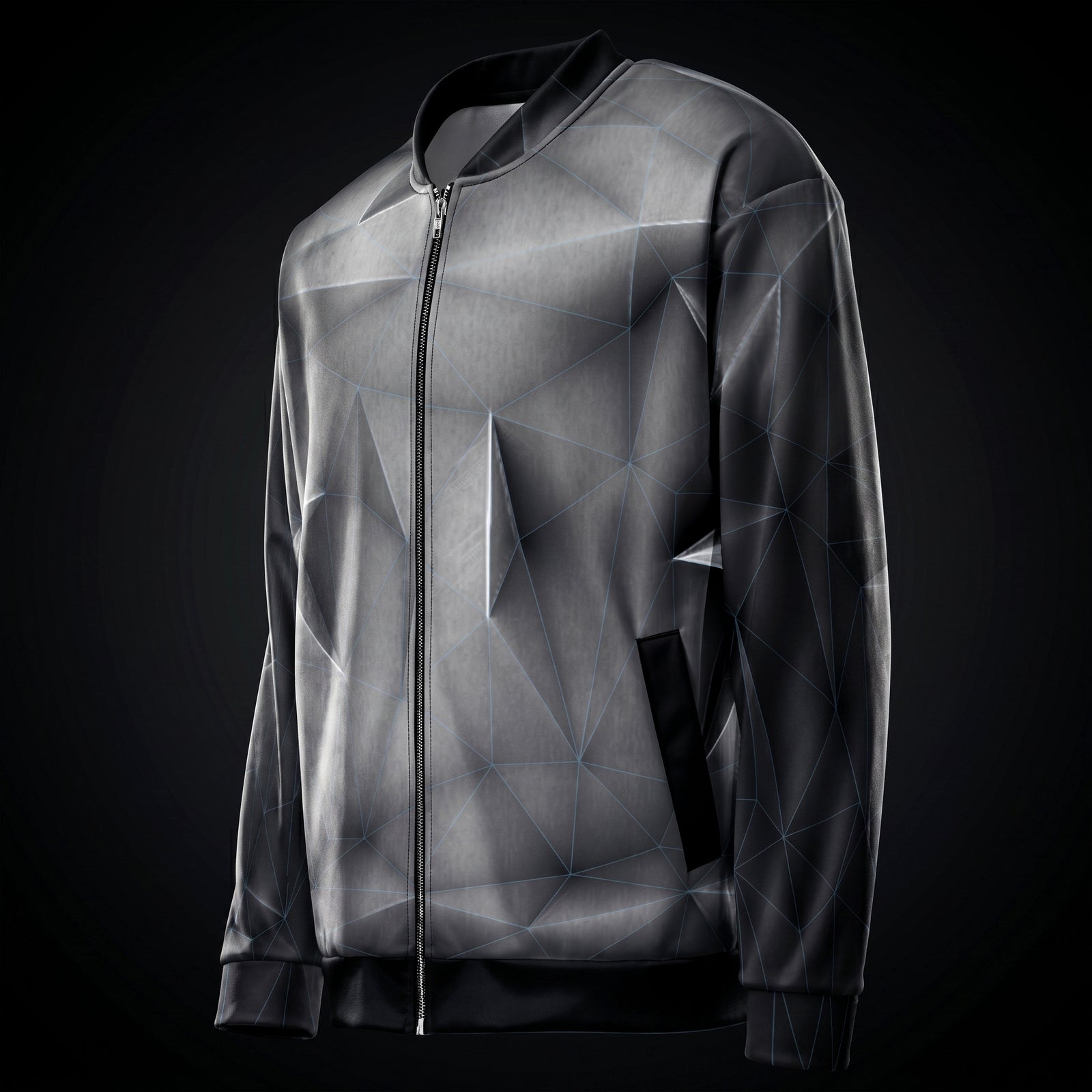 Blue grid 'anso' all-over print bomber jacket with geometric pattern on a black background
