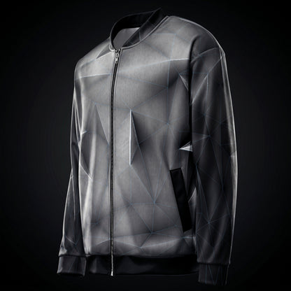 Blue grid 'anso' all-over print bomber jacket with geometric pattern on a black background