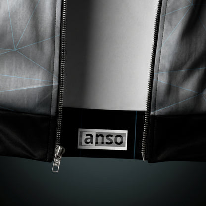Close-up of a jacket with a zipper and 'anso' brand logo on a white background