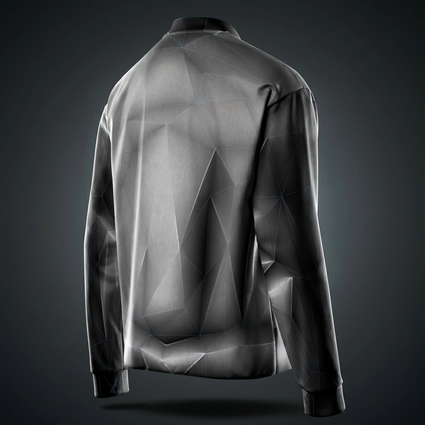 Back view of the geometric-patterned  Blue grid 'anso' all-over print bomber jacket on a dark background