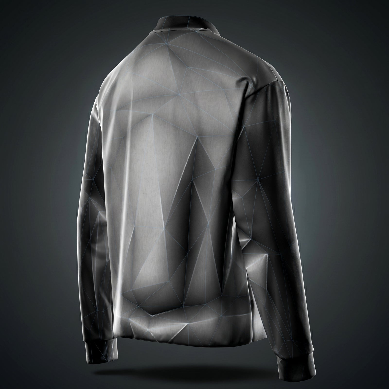 Back view of the geometric-patterned  Blue grid 'anso' all-over print bomber jacket on a dark background