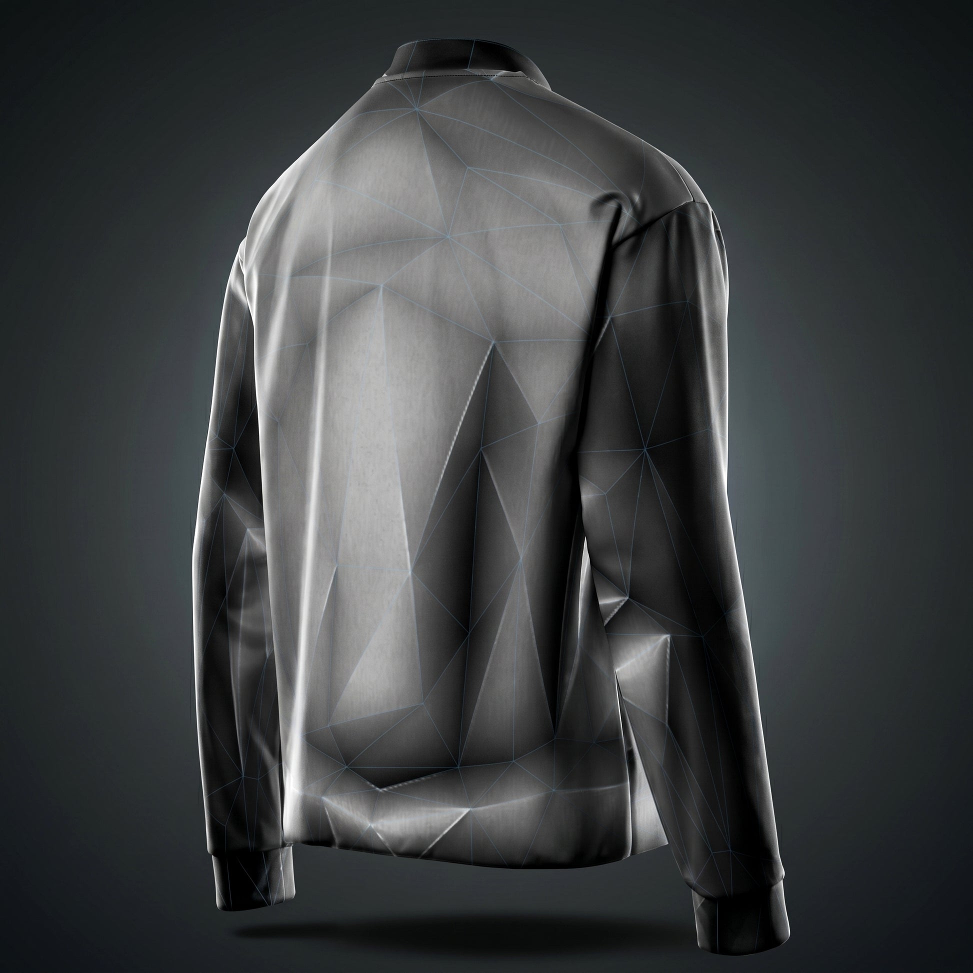 Back view of the geometric-patterned  Blue grid 'anso' all-over print bomber jacket on a dark background