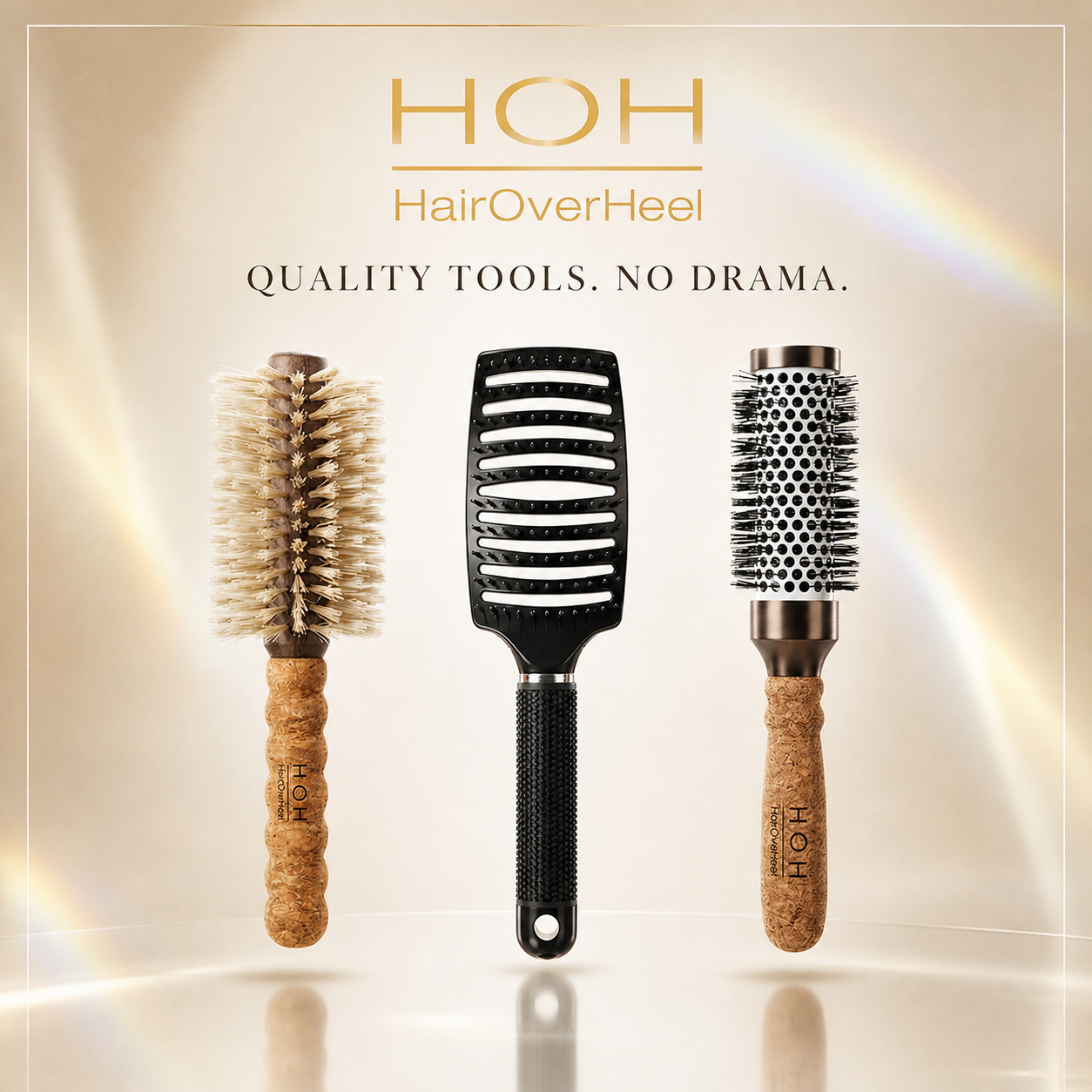 Three hairbrushes with 'HairOverHeel' branding on a reflective surface.