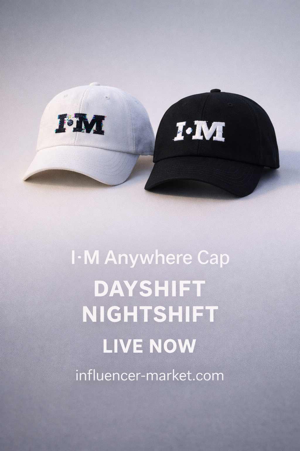 Two caps, one white and one black, with 'I*M' logo on a gray background. Text promotes 'I*M Anywhere Cap' with a website URL.