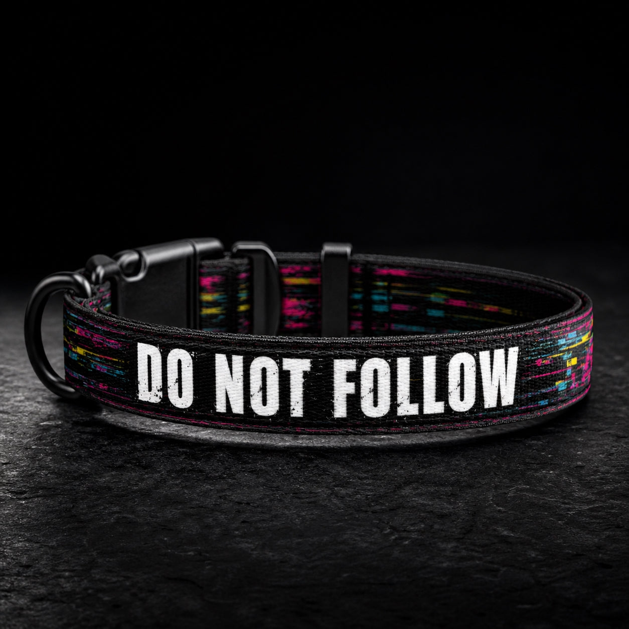 Dog collar with 'DO NOT FOLLOW' text on a dark background