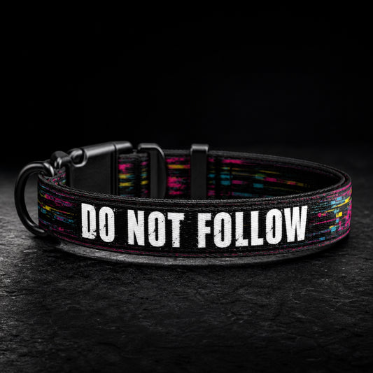 Dog collar with 'DO NOT FOLLOW' text on a dark background