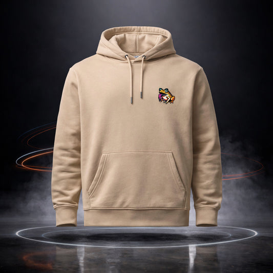 Beige hoodie with a colorful logo on a dark background