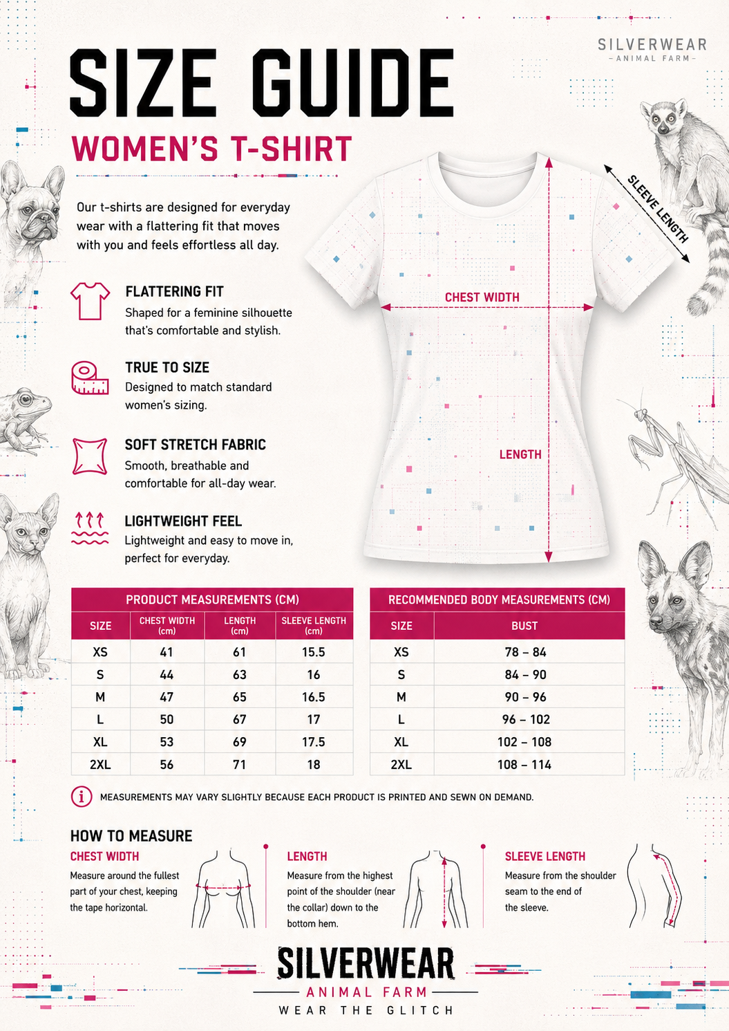 SilverWEAR women’s T-shirt size guide with product measurements and body measurement chart.