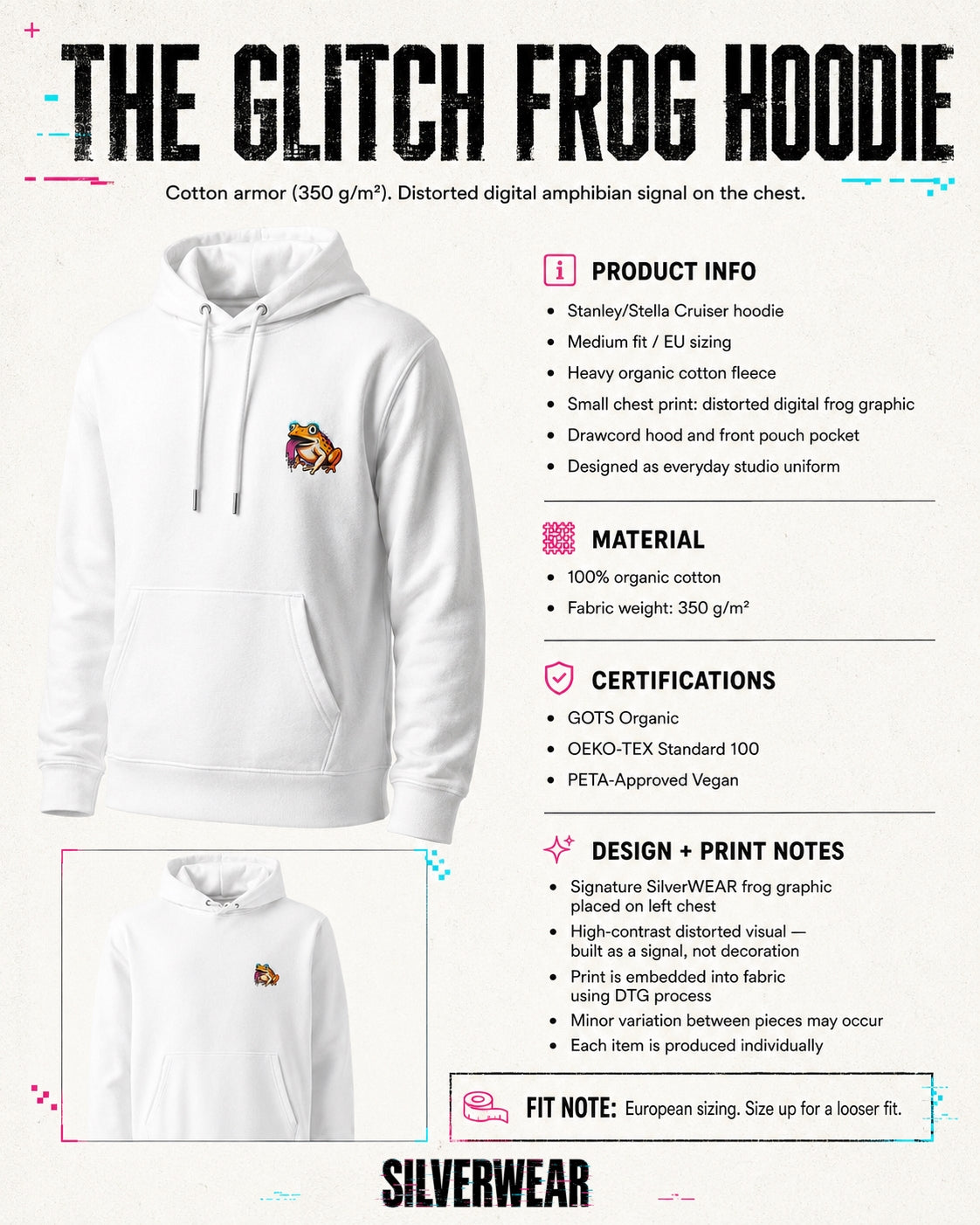 White hoodie with product  info graphics, product details, and Silverwear branding.