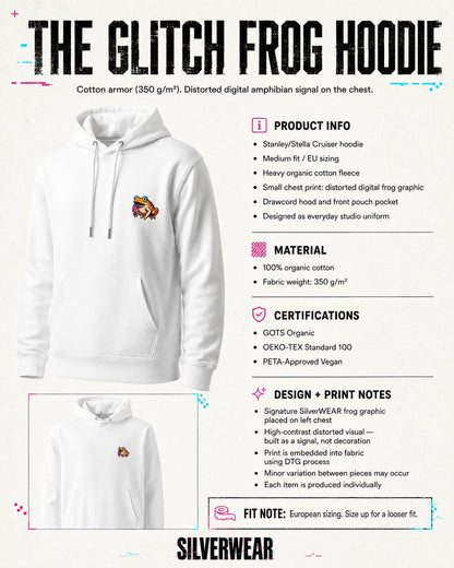 White hoodie with product  info graphics, product details, and Silverwear branding.