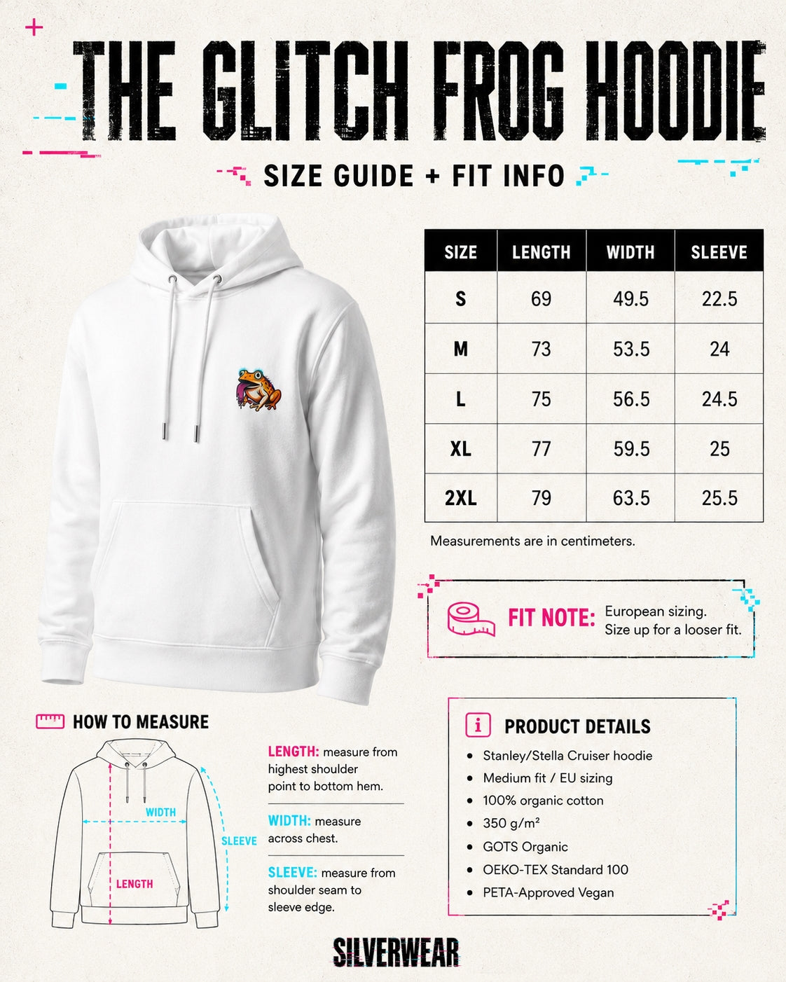 Size guide and fit information for a white hoodie with a logo, featuring measurements in centimeters.