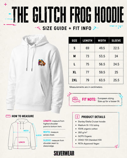 Size guide and fit information for a white hoodie with a logo, featuring measurements in centimeters.