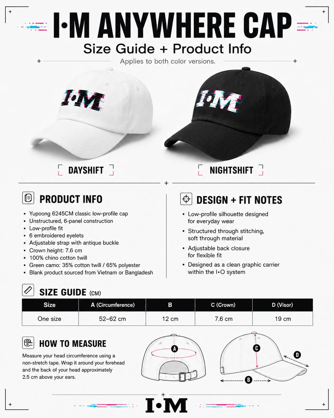 I-M Anywhere Cap size guide and product information with two cap images, one white and one black, on a white background.