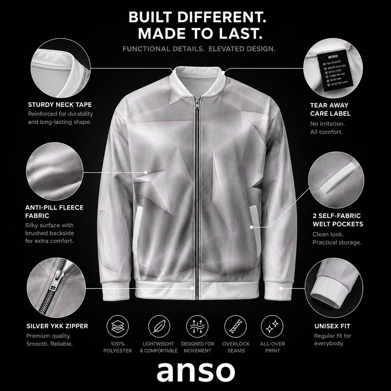 Gray jacket with features highlighted on a black background, featuring the brand 'anso'.