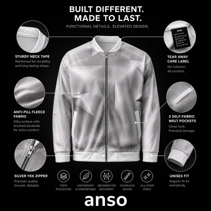 Gray jacket with features highlighted on a black background, featuring the brand 'anso'.