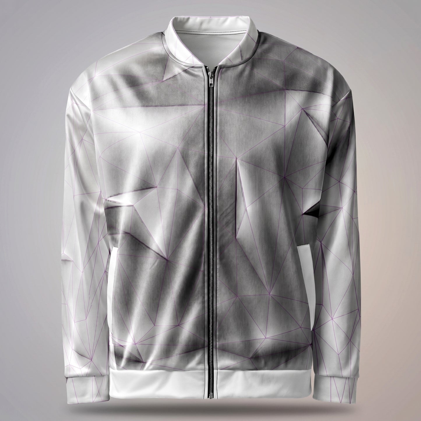 Silver jacket with geometric pattern on a gray background