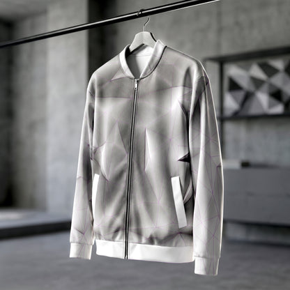 Silver reflective jacket on a hanger against a blurred indoor background