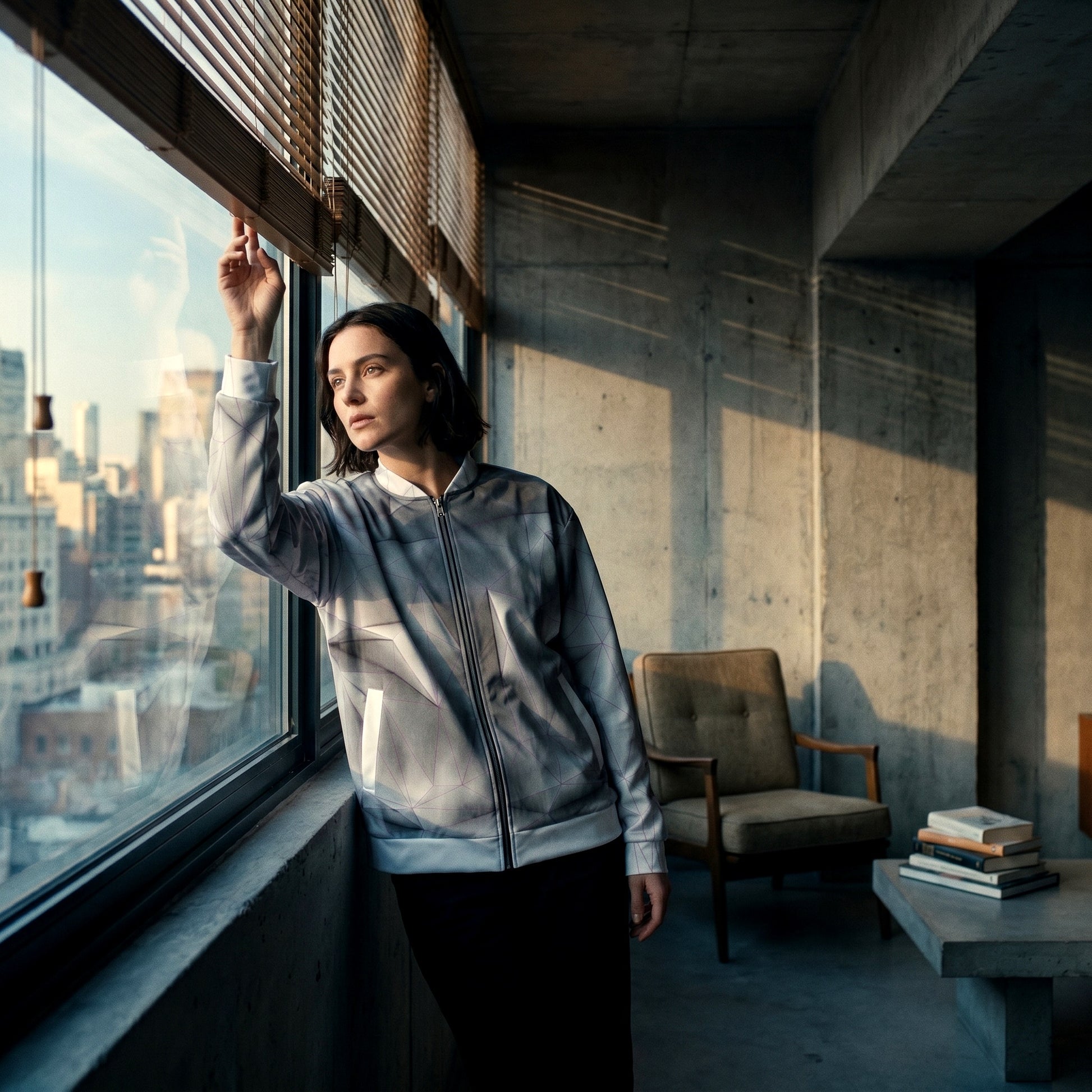 Woman standing by a large window in an urban setting, looking out.