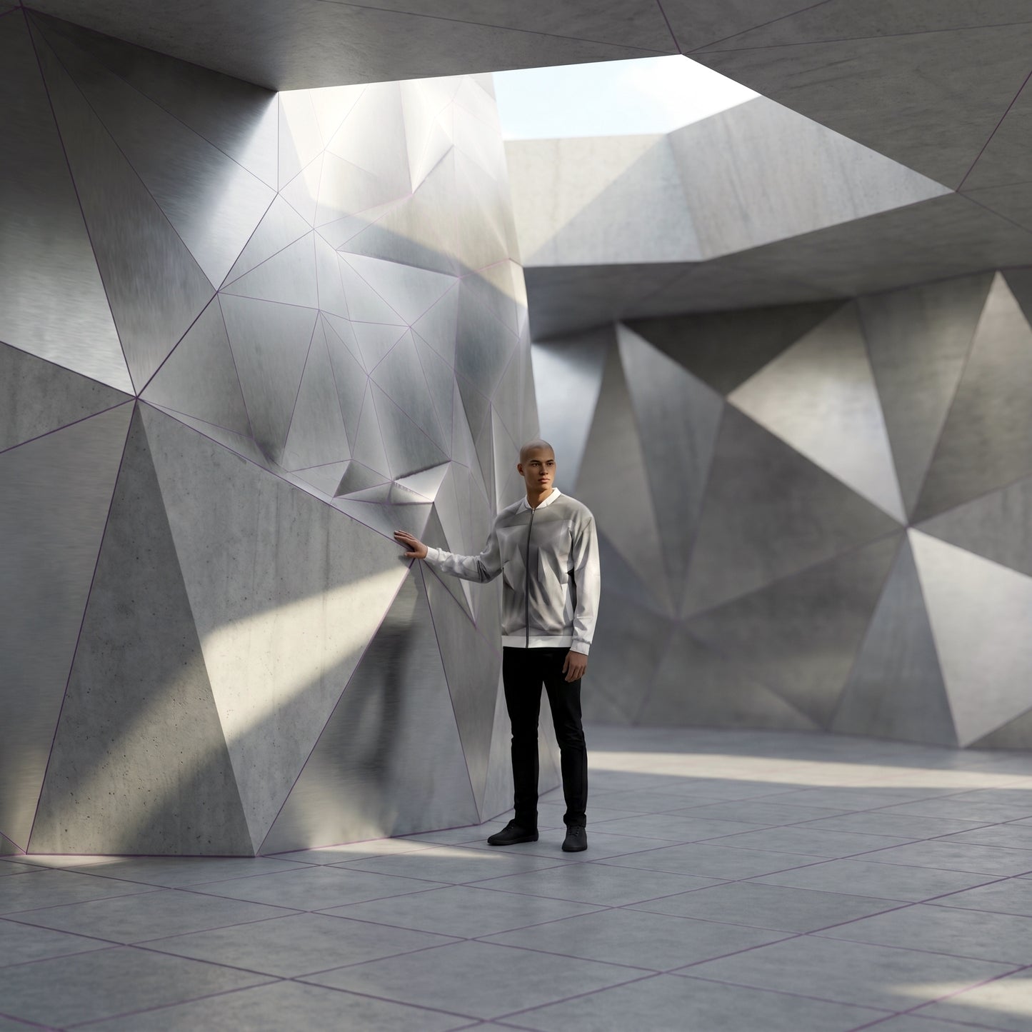 Man standing in a modern architectural space with geometric wall design
