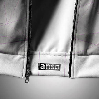Close-up of a gray jacket with a zipper and 'anso' branding on a light gray background.