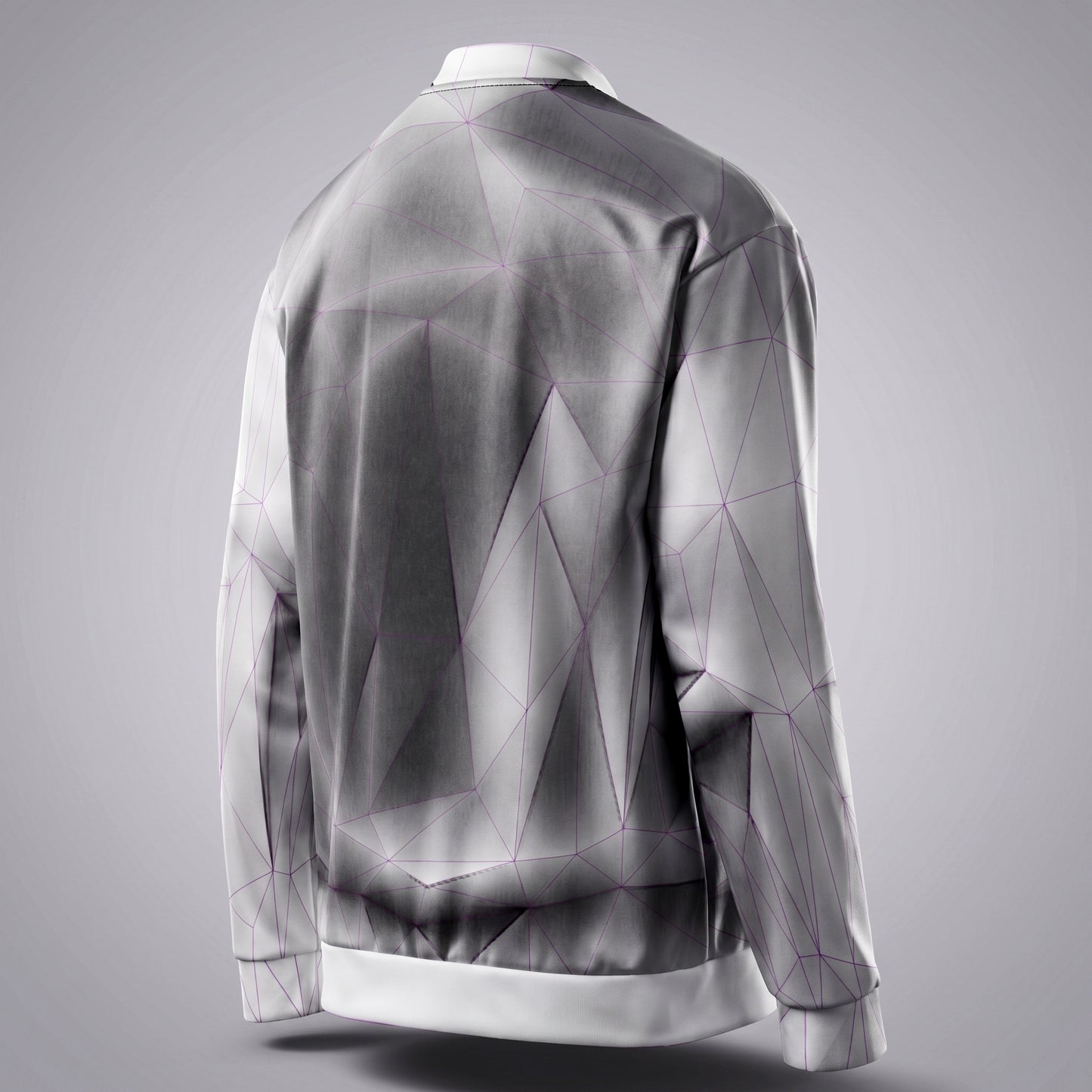 Geometric patterned jacket on a mannequin against a gray background