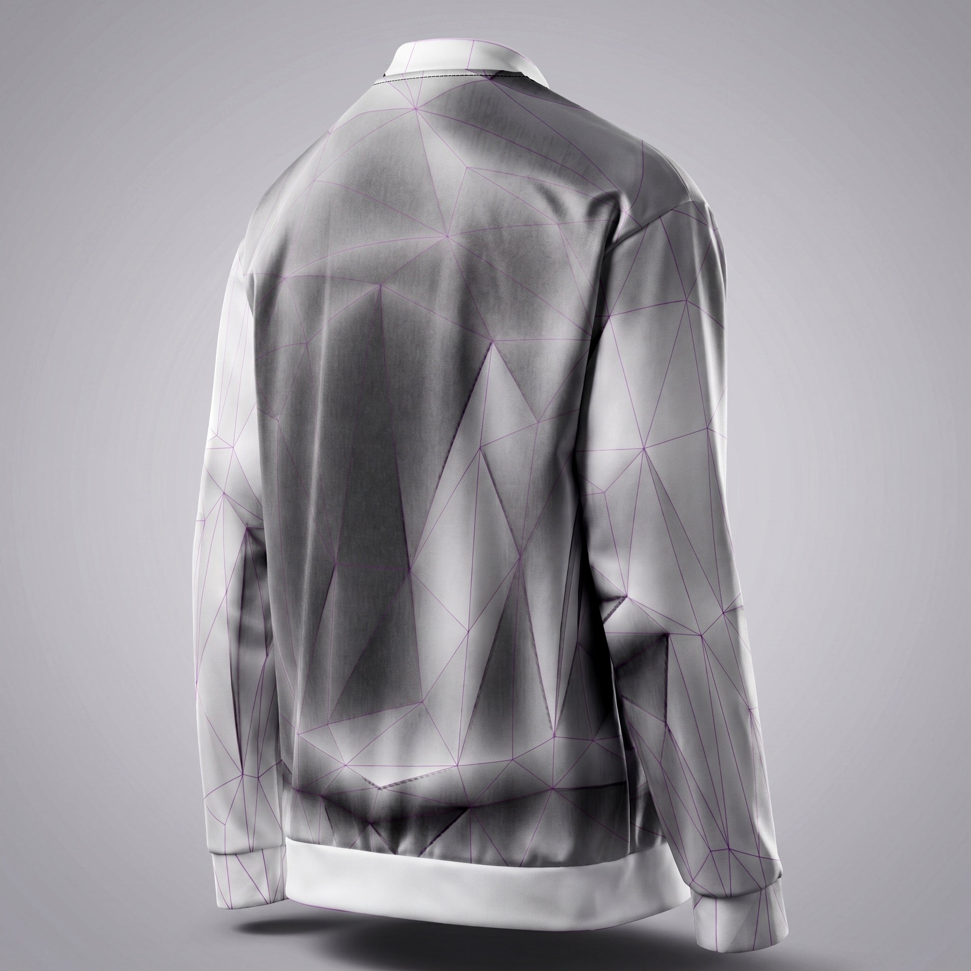 Geometric patterned jacket on a mannequin against a gray background