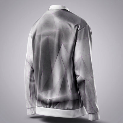 Geometric patterned jacket on a mannequin against a gray background