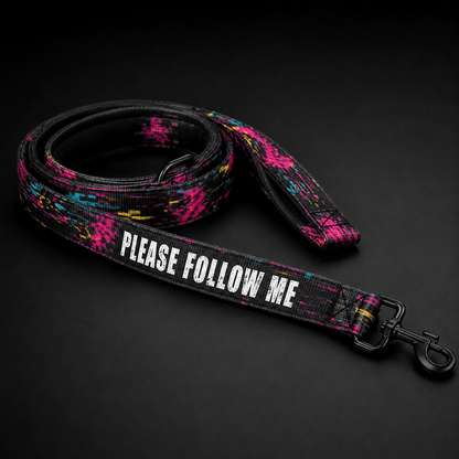 Colorful dog leash with 'Please Follow Me' text on a black background