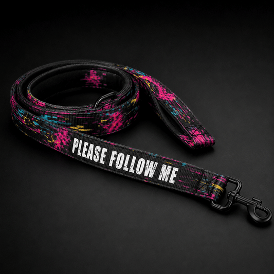 Colorful dog leash with 'Please Follow Me' text on a black background