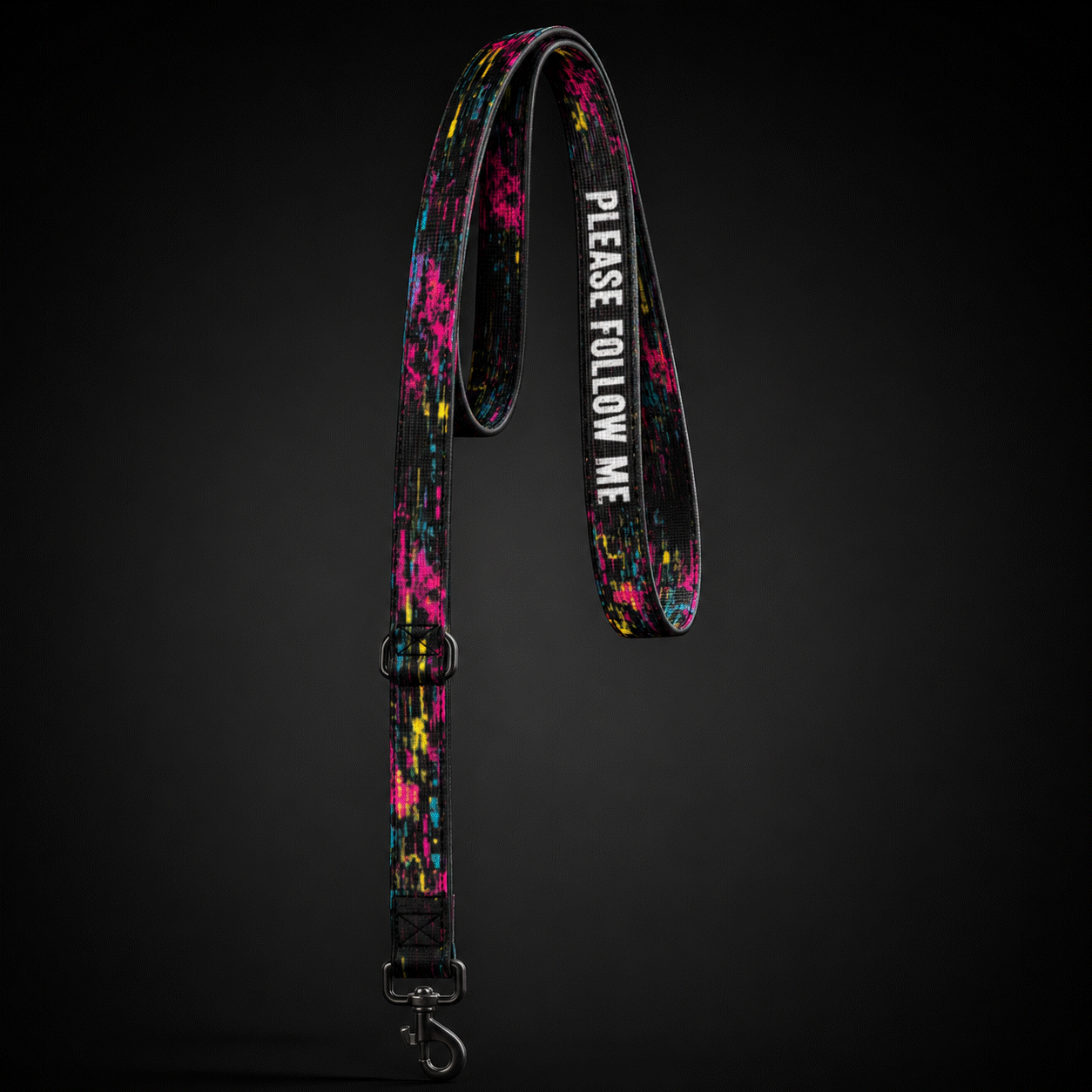 Colorful dog leash with 'PLEASE FOLLOW ME' text on a black background