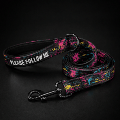 Colorful dog leash with 'Please Follow Me' text on a black background