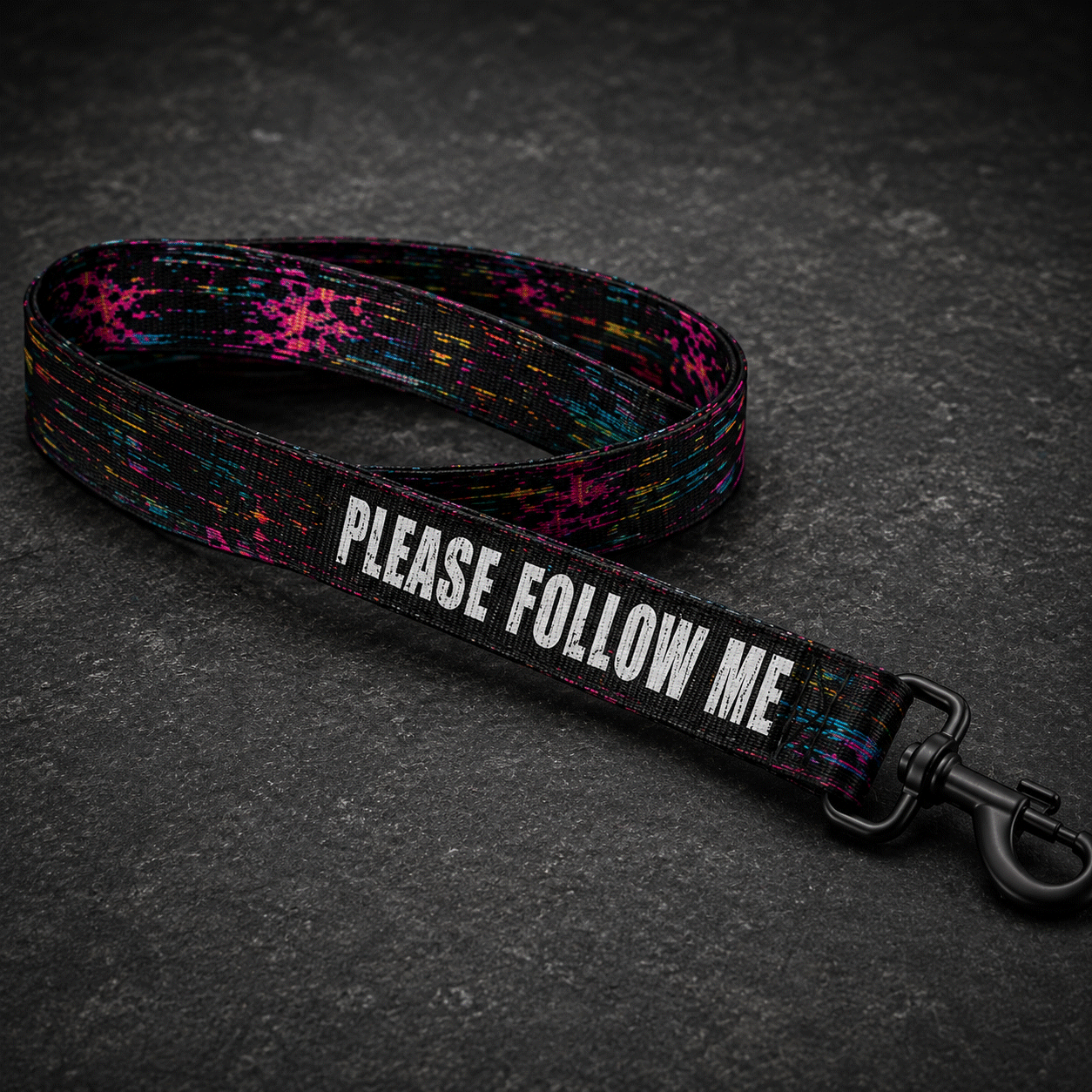 Dog leash with 'PLEASE FOLLOW ME' text on a dark surface