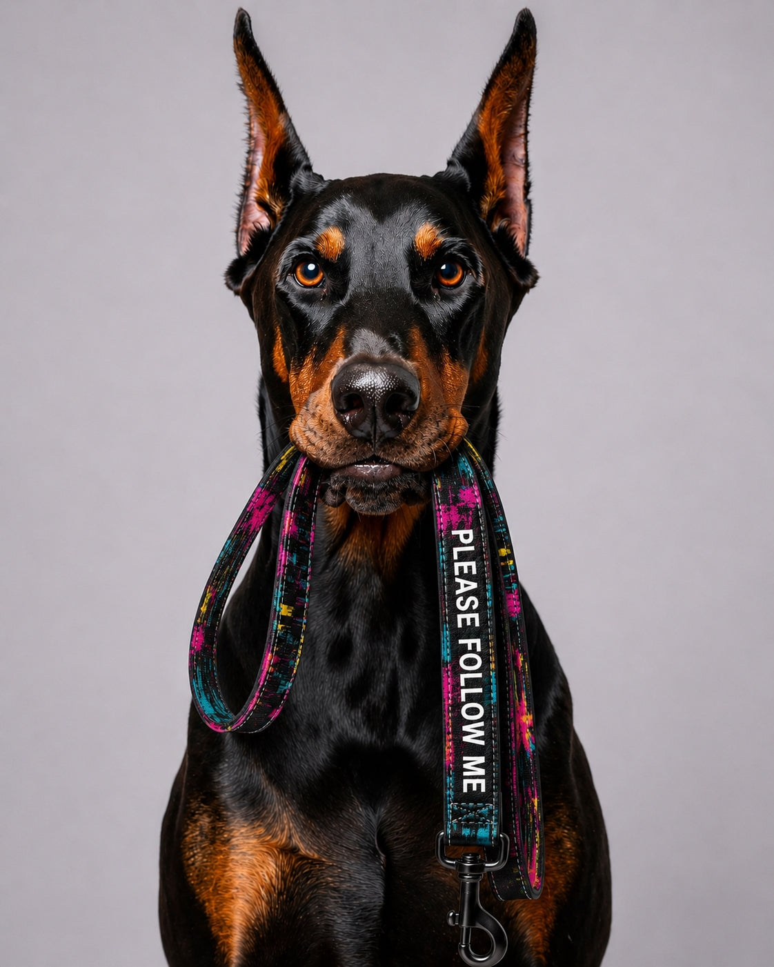 Dog wearing a colorful leash with 'PLEASE FOLLOW ME' text on a gray background