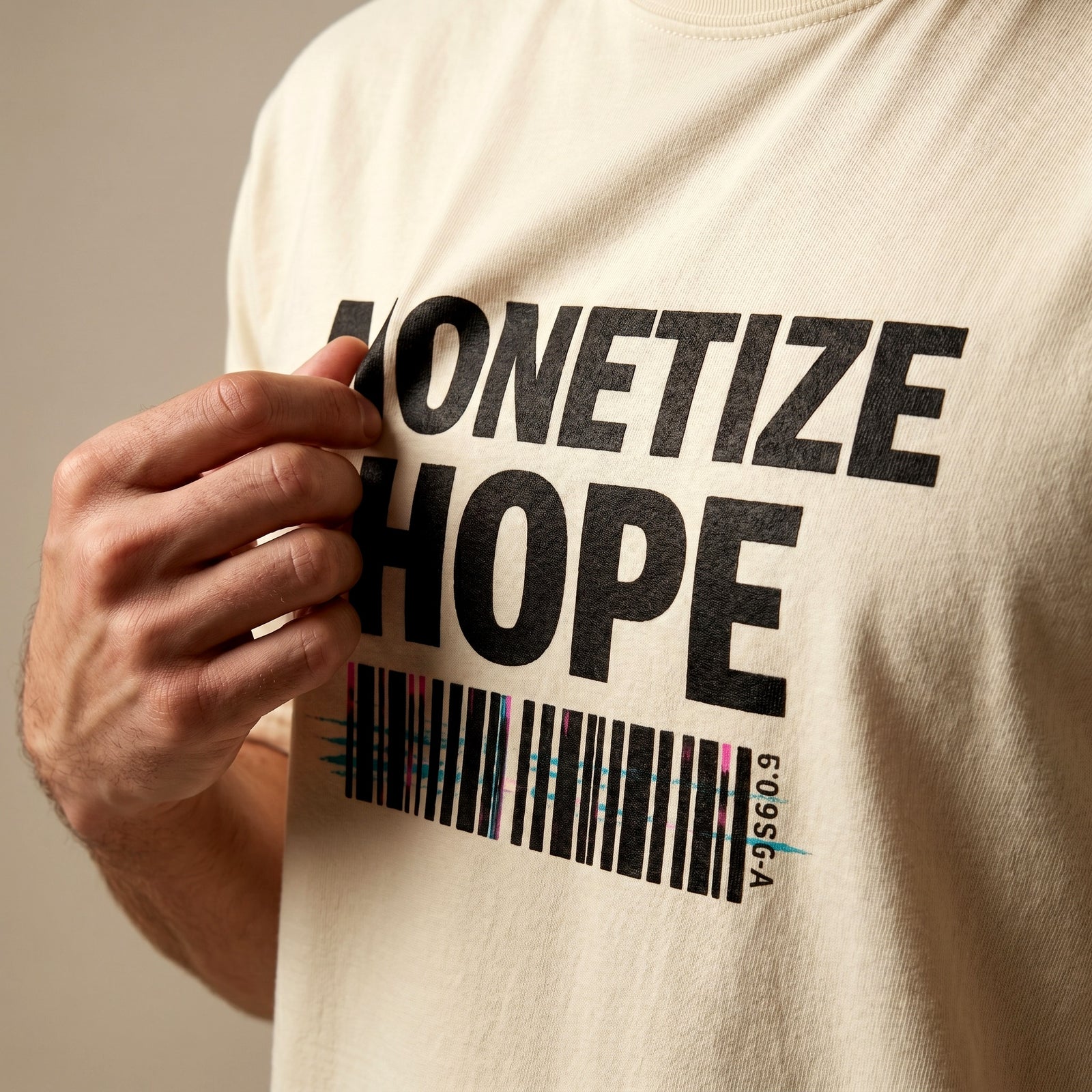Beige t-shirt with 'MONETIZE HOPE' text and barcode design.
