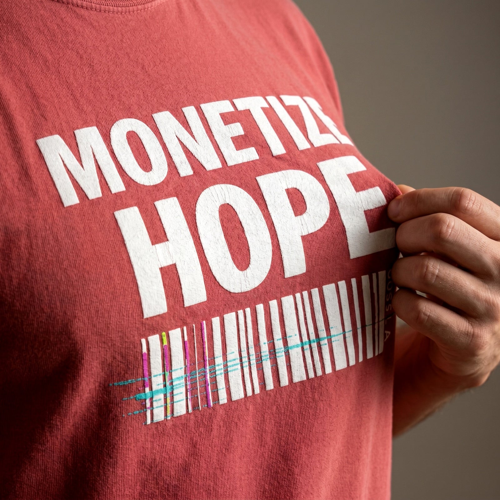 Red t-shirt with 'MONETIZE HOPE' text and barcode design.