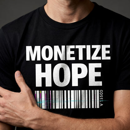 Person wearing a black t-shirt with 'MONETIZE HOPE' text and barcode design.