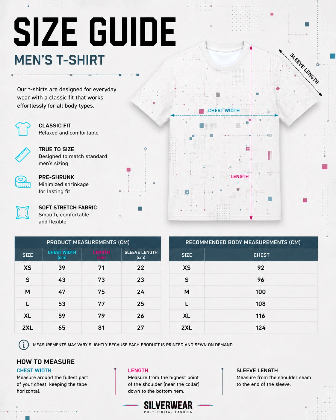 Men's t-shirt size guide with measurements and Silverwear branding.