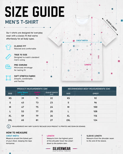 Men's t-shirt size guide with measurements and Silverwear branding.